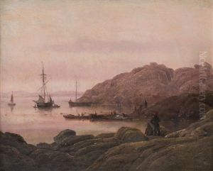 Kystlandskap Med Bater Og Figurer by Hans Leganger Reusch