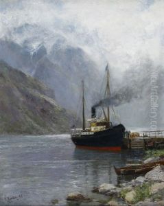 Geirangerfjord Mit Dem Postdampfer An Der Anlegestelle Geirangerfjord Mit Dem Postdampfer An Der Anlegestelle