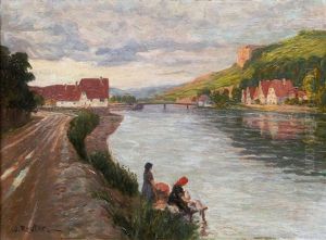 Idyllic River Landscape With Washerwomen by Wilhelm Reuter