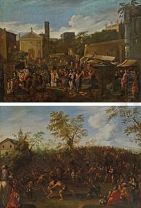 Pendants - Marktszene In Einer Sudlichen Stadt Und Ringkampf In Sudlicher Landschaft Vor Einer Zuschauermenge (pair)