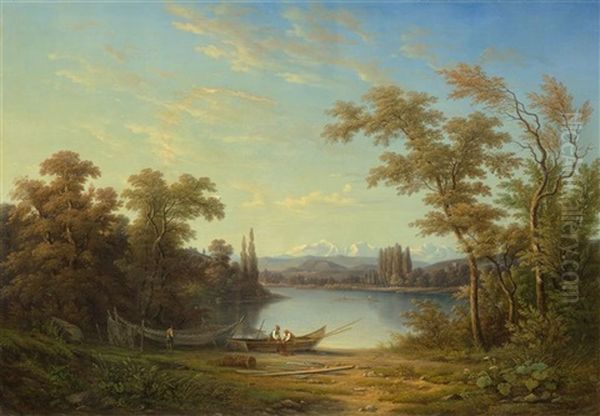 Seelandschaft Mit Fischer Und Dem Mont Blanc Im Hintergrund - view 1