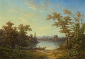 Seelandschaft Mit Fischer Und Dem Mont Blanc Im Hintergrund by Horace Ernst Revilliod
