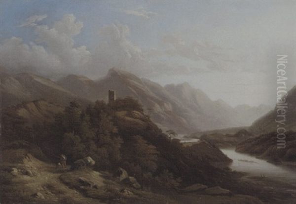 Flusslandschaft Mit Reiter Und Ruine Eines Wach- Und Feuerturms - view 1