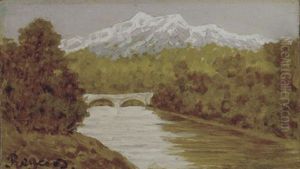 Paesaggio Fluviale Con Ponte E Montagna Innevata by Enrico Reycend