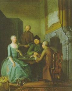 Eine Dame Gustiert Ein Glas Likor In Gesellschaft Dreier Herren Eine Dame Gustiert Ein Glas Likor In Gesellschaft Dreier Herren