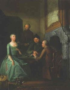 Elegant Company Seated By A Fireplace In An Interior Elegant Company Seated By A Fireplace In An Interior