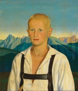 Portrait Of A Boy In A Mountain Landscape by Herbert Reyl-Hanisch