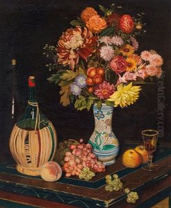 Stillleben Mit Blumenvase, Chiantiflasche Und Obst