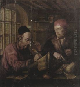 Two Men Seated At A Table Counting Money by Marinus van Reymerswaele