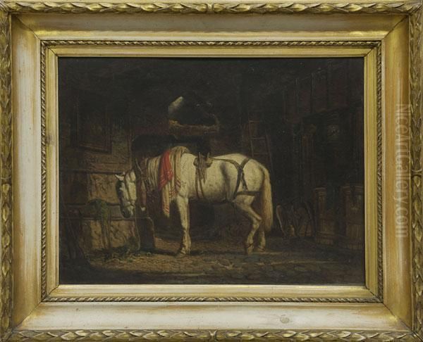 Study Of A Stable Interior With Grey Horse In Harness - view 1