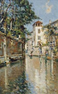 Gondola With Figures On A Venetian Backwater; And Figures A Gondola On A Venetian Backwater by Antonio Maria de Reyna Manescau