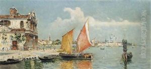 Gondolas And A Barge Moored At A Venetian Quay, Santa Maria Della Salute Beyond by Antonio Maria de Reyna Manescau