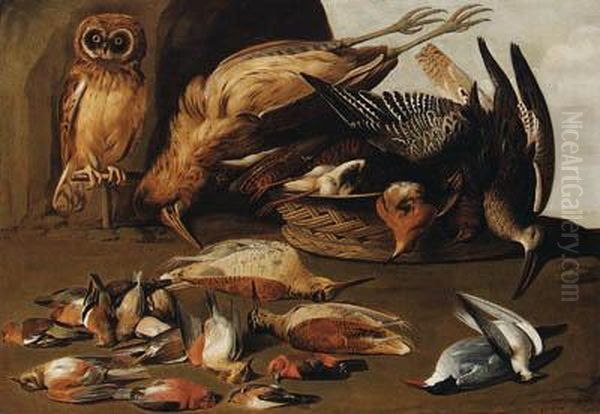 An Owl On A Perch With Dead Birds In A Landscape - view 1