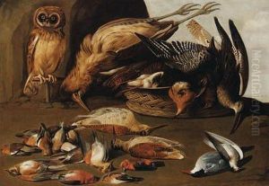 An Owl On A Perch With Dead Birds In A Landscape An Owl On A Perch With Dead Birds In A Landscape