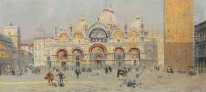 Blick Auf Den Markusplatz In Venedig, Im Vordergrund Rokokokavaliere Beim Tauben Futtern
