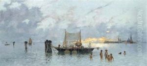 Young Boys Bathing In A Venetian Lagoon by Antonio Maria de Reyna Manescau