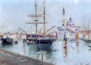 Ship At Harbour, Venice by Antonio Maria de Reyna Manescau