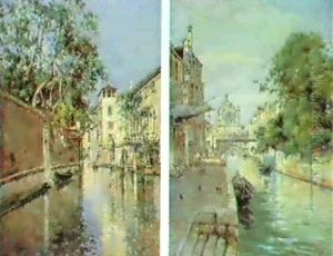 A Venetian Backwater;a View Of A Canal by Antonio Maria de Reyna Manescau