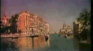 View Of The Canal Grande, Venice In Summer; The Palazzo Grimani To The Left And The Salute In The Background... by Antonio Maria de Reyna Manescau