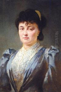 Portrait Of A Lady In A Blue Dress With White Lace Trim by Francois Maurice Reynaud
