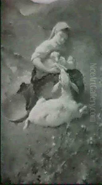 Junge Hirtin Mit Mutterschaf Und Lammlein - view 1