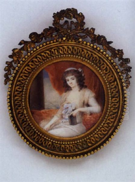 Figurenportrait Einer Jungen Frau Mit Buch, Im Hintergrund Roter Vorhang Und Saule - view 1