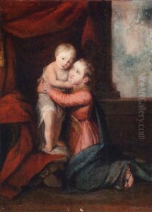 Portrait Of Frances Johnson Kneeling In A Red Dress With Blue Rap, Clasping Her Infant Cousin Master Gwatkin, In Classical Dress, On A Terrace