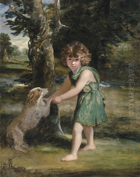 Portrait Of The Hon. John Tufton (1773-1799), Full-length, In Green Classical Dress, Playing With A Spaniel In A Landscape - view 1