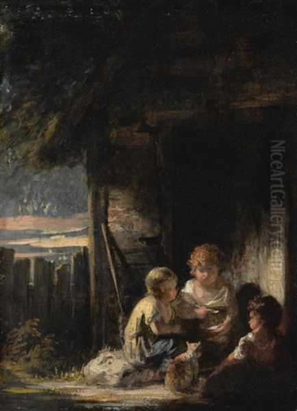 Three Children Outside A Cottage Door With A Cat - view 1