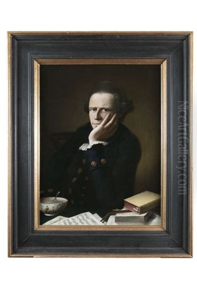 A Gentleman Seated With Hand To Face, Leaning On A Desk Laden With Books, Sheets Of Music And A Bowl Of Tea - view 1