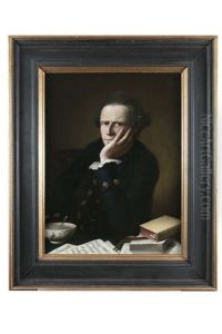 A Gentleman Seated With Hand To Face, Leaning On A Desk Laden With Books, Sheets Of Music And A Bowl Of Tea