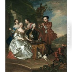 An Elegant Party Taking Coffee On A Terrace, A Formal Garden Beyond by Petrus Johannes van Reysschoot