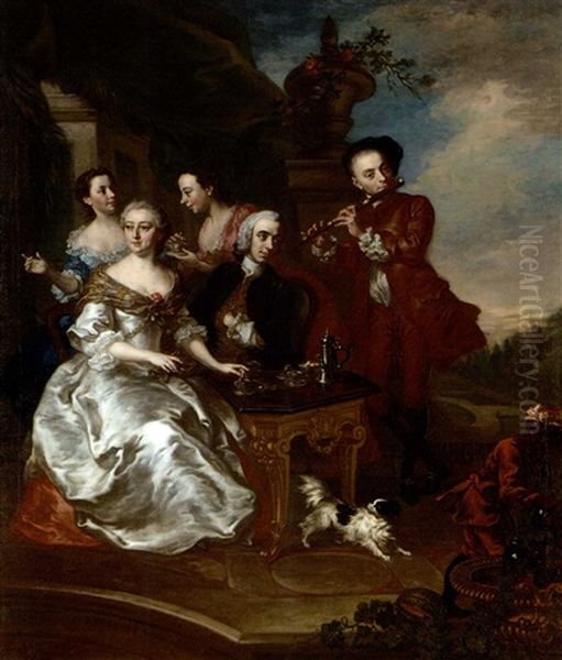An Elegant Party Taking Coffee On A Terrace, A Formal Garden Beyond - view 1