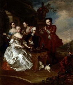 An Elegant Party Taking Coffee On A Terrace, A Formal Garden Beyond by Petrus Johannes van Reysschoot