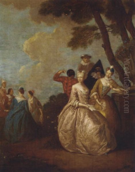 A Fete Champetre With Ladies By A Tree And Figures From The Commedia Dell'arte - view 1