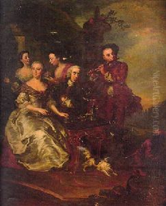 A Portrait Conversazione Of A Group In A Park Taking Chocolate, With A Flautist, A Servant And A Spaniel by Petrus Johannes van Reysschoot