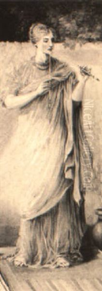 Woman Playing Pipe At Garden Wall - view 1