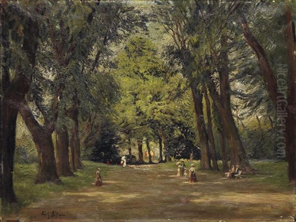 Sommer Im Park. Flaneure Im Schatten Unter Grosen Baumen - view 1