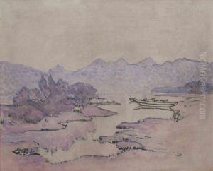 Paysage Aux Montagnes Et Barques Amarrees by Louis Rheiner