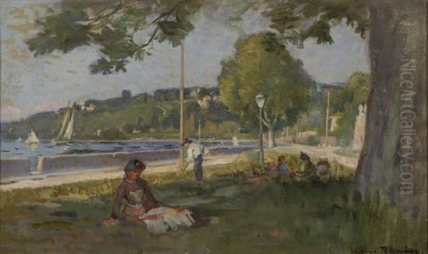 Le Vieux Plongeon Pres De Geneve. Seepromenade Bei Genf Mit Ruhender Dame Und Familie Im Schatten Eines Baumes Und Gartner - view 1