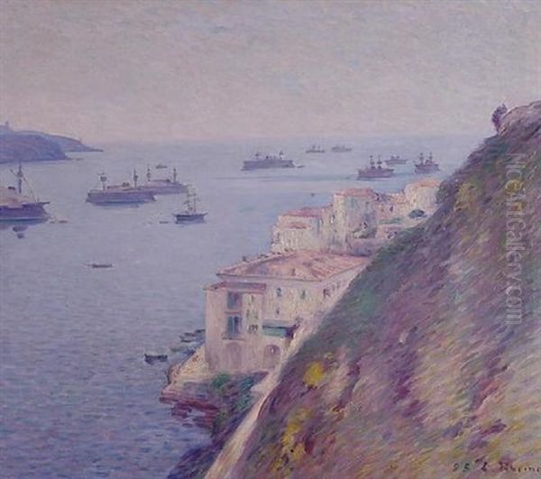 Villefranche Sur Mer. Blick Auf Vor Anker Liegende Schiffe Der Marine In Der Sommerlichen Bucht - view 1