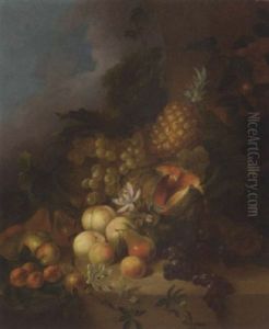 Grapes, Peaches, Pears, Apples, Apricots, A Melon And A Pineapple On A Ledge Grapes, Peaches, Pears, Apples, Apricots, A Melon And A Pineapple On A Ledge