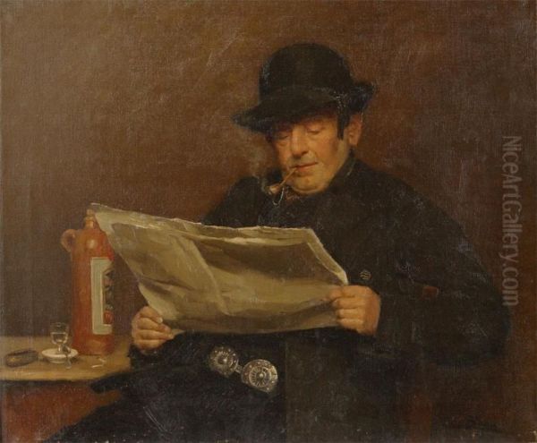 Man With Bottle Of Gin Reading A Newspaper - view 1