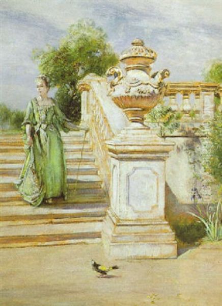 Dame In Grunem Kleid Auf Einer Schlostreppe - view 1