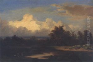 Fluslandschaft Mit Figuren Am Lagerfeuer