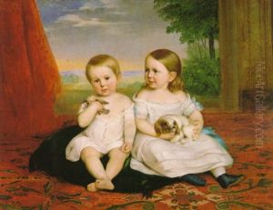 Doble Ritrato Infantil: Nino Con Un Pajaro Y Nina Con Un Perrito Sentados Sobre Una Alfombra Ante Un Fondo De Paisaje by Carlos Luis de Ribera y Fieve