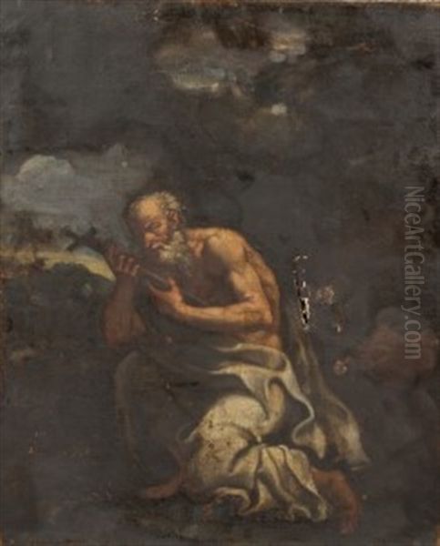 Saint Paul The Hermit In The Wilderness, Holding A Cross - view 1
