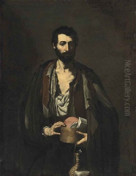 A Philosopher, Half-length, In A Torn White Shirt And Brown Jacket, Holding Books And A Wicker Flask - view 1