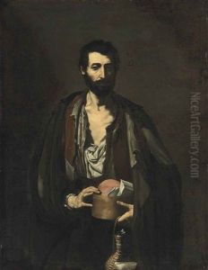 A Philosopher, Half-length, In A Torn White Shirt And Brown Jacket, Holding Books And A Wicker Flask