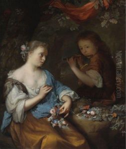 A Young Boy Playing A Flute To A Young Woman Making A Garland Offlowers In A Wooded Landscape by Arnold Boonen